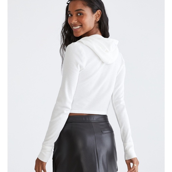 Aeropostale Size Small White Hooded Cropped Thermal Top Long Sleeved T-shirt - Picture 8 of 8